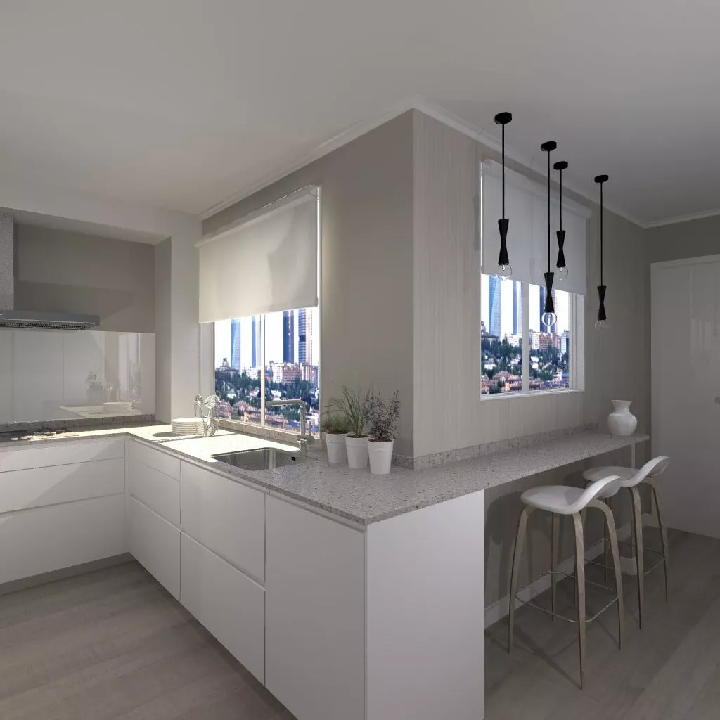 Cocina Santos | Modelo Line E13 Estratificado Blanco Innsbruck | Encimera Silestone Royal Reef