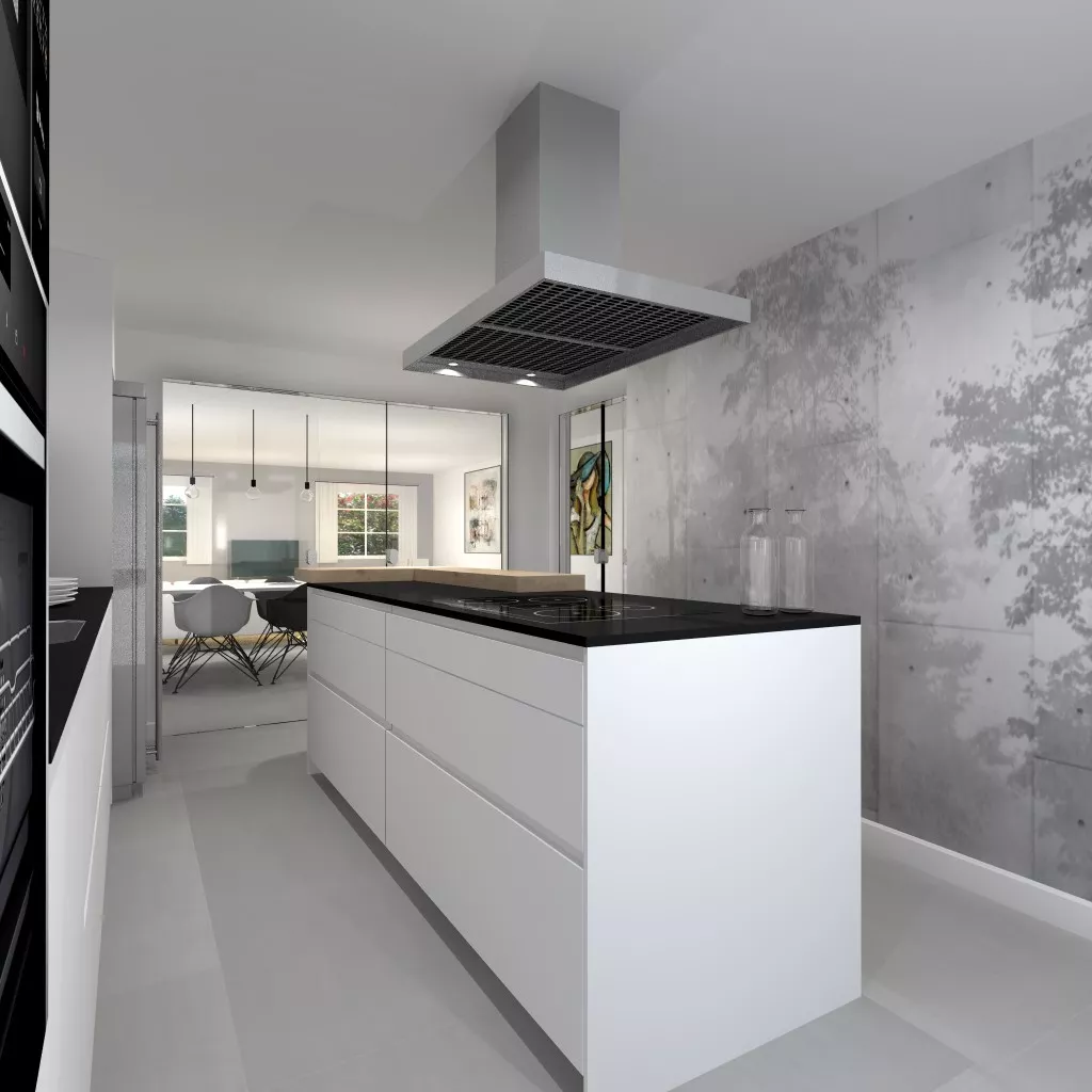 Aravaca | Cocina Santos | Modelo Line E 19 y Ariane 2 Estratificado Color Blanco Seff y Roble Barrica Vertical | Encimera Dekton Sirius