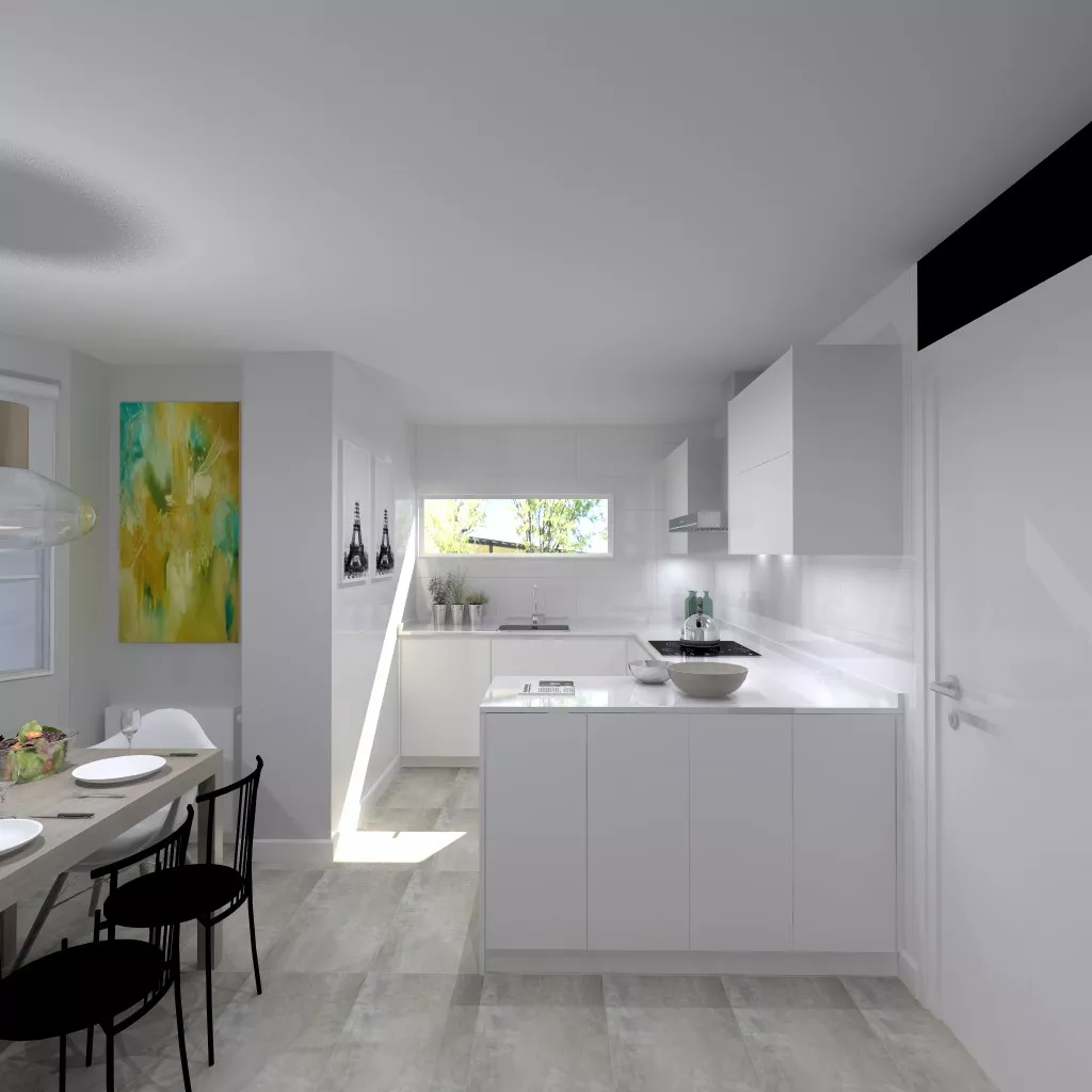 Santos Line cocina en laminado seda blanco con encimera Silestone blanco