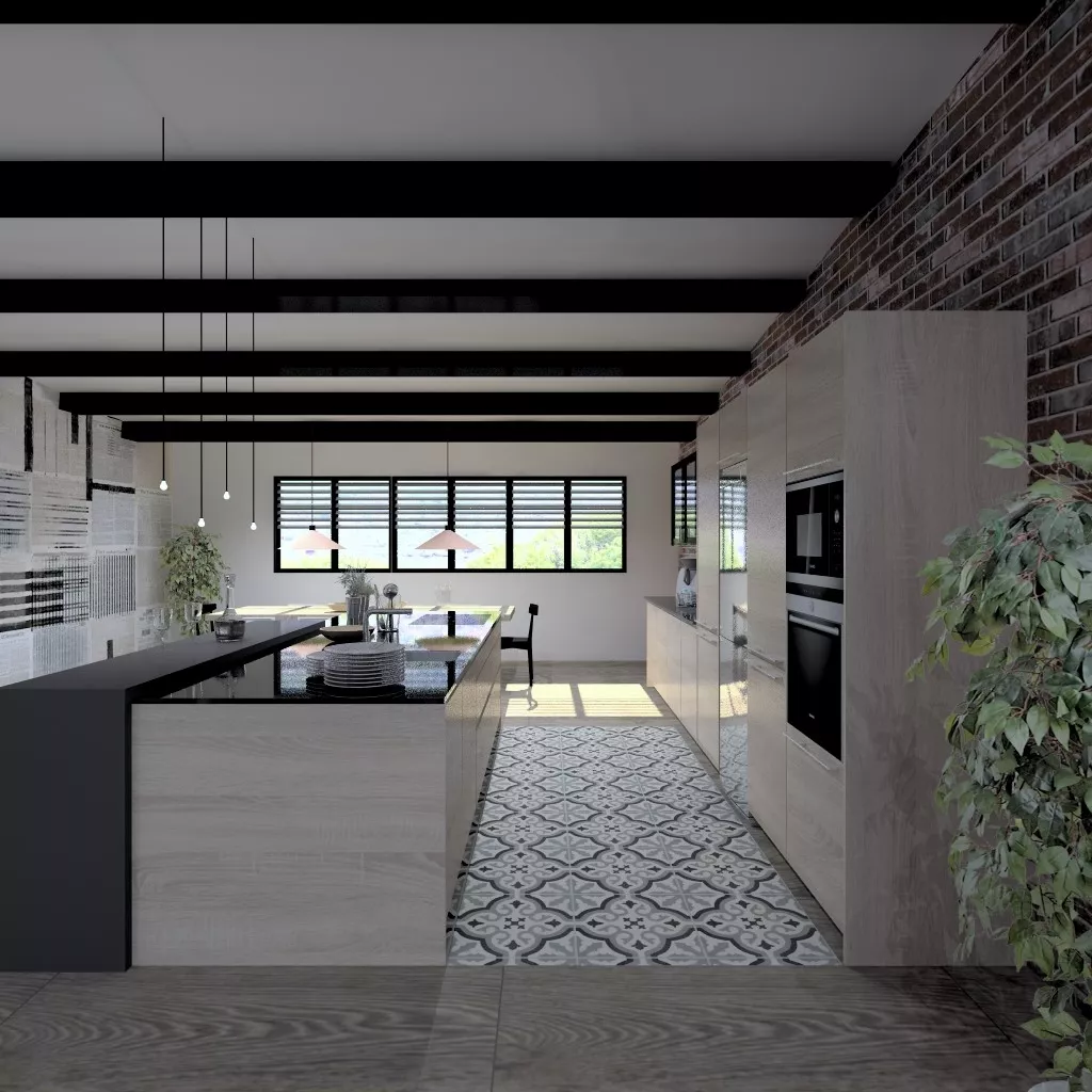 Aravaca | Cocina Santos | Modelo Line Estratificado Roble Barrica | Encimera Sahara Nights