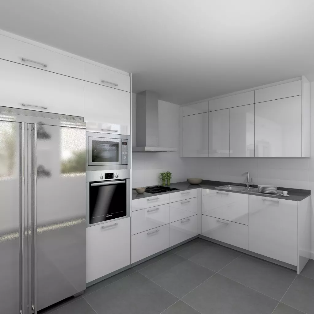 Aravaca | Cocina Santos | Modelo Plano Laminado Blanco Polar Brillo | Encimera Silestone Marengo