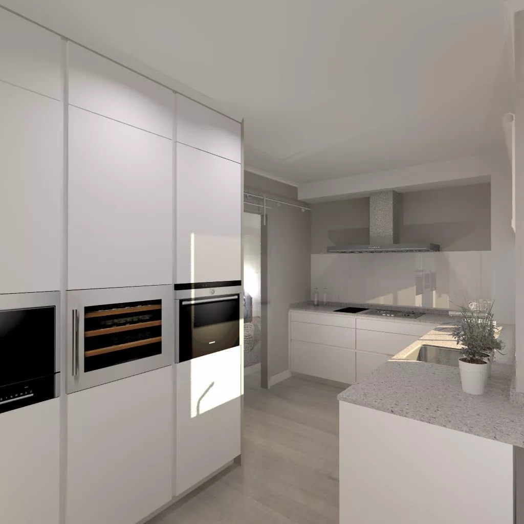 Cocina Santos | Modelo Line E13 Estratificado Blanco Innsbruck | Encimera Silestone Royal Reef