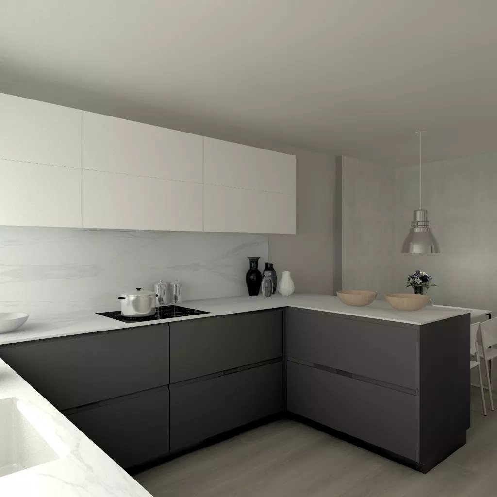Aravaca | Cocina Santos | Modelo Intra Estratificado Gris Antracita | Encimera Porcelanico Estatuario