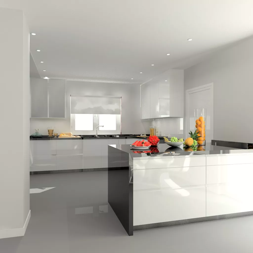 Somosaguas | Cocinas Santos | Modelo Minos laca blanco brillo | Encimera granito