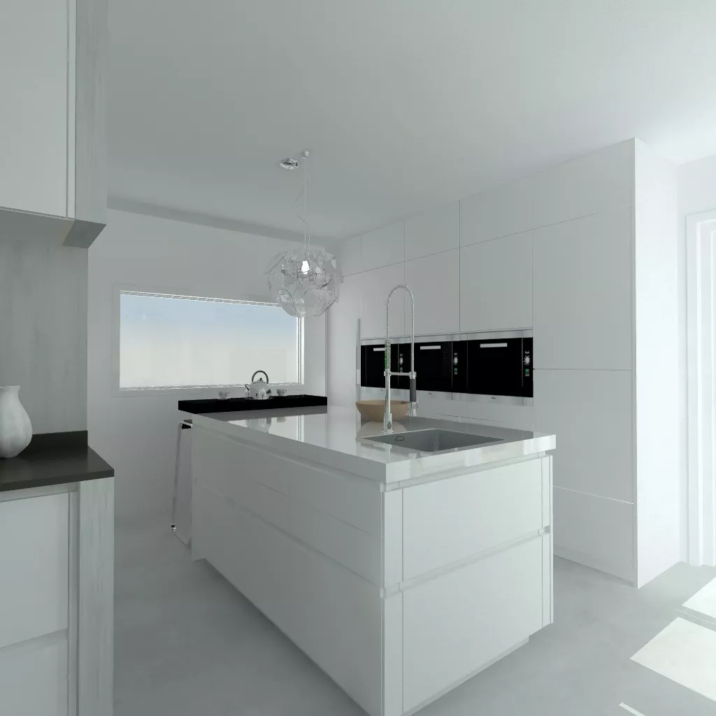 Madrid | Cocina Santos | Modelo Line E Estratificado Blanco | Encimera Granito Sahara Nights Neverwashed