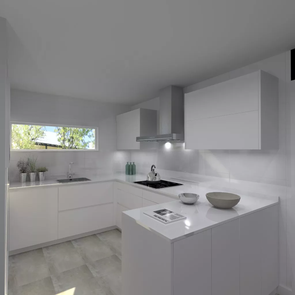 Santos Line cocina en laminado seda blanco con encimera Silestone blanco