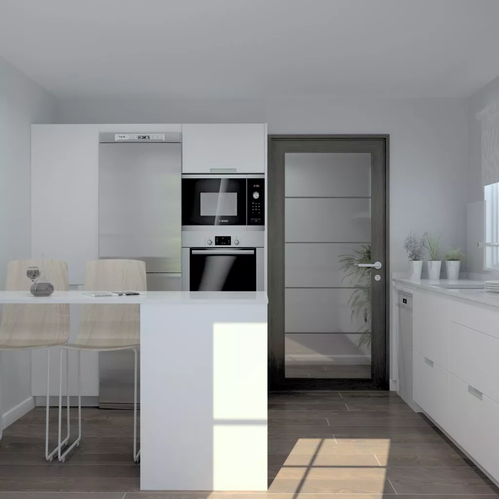 Aravaca | Cocina Santos | Modelo Minos Line Laminado Seda Blanco | Encimera Silestone Blanco