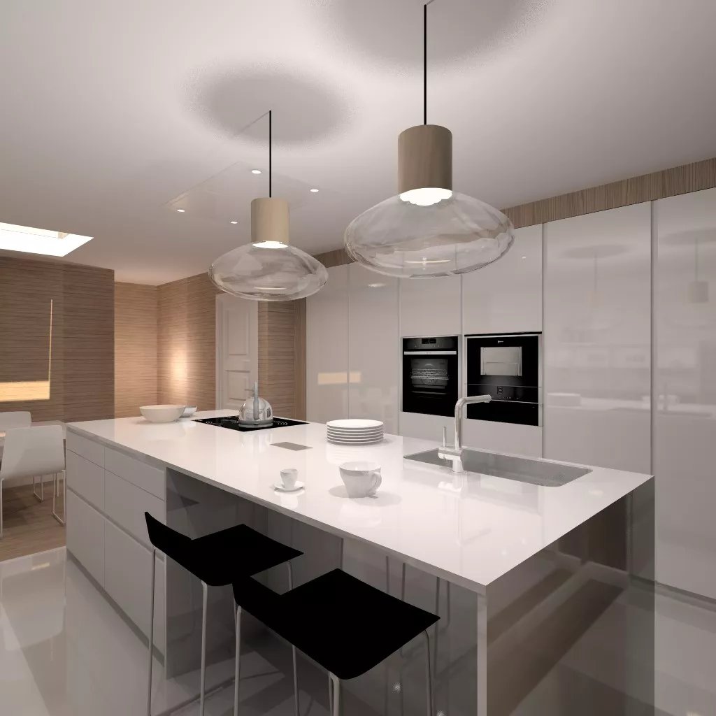 Aravaca | Cocina Santos | Modelo Line Laminado Blanco Brillo | Encimera Silestone Blanco