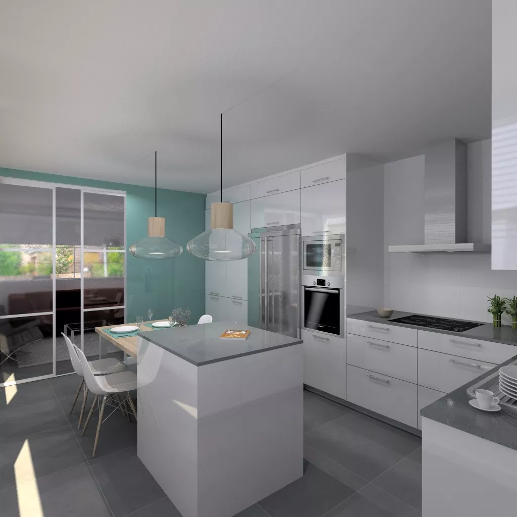 Aravaca | Cocina Santos | Modelo Plano Laminado Blanco Polar Brillo | Encimera Silestone Marengo