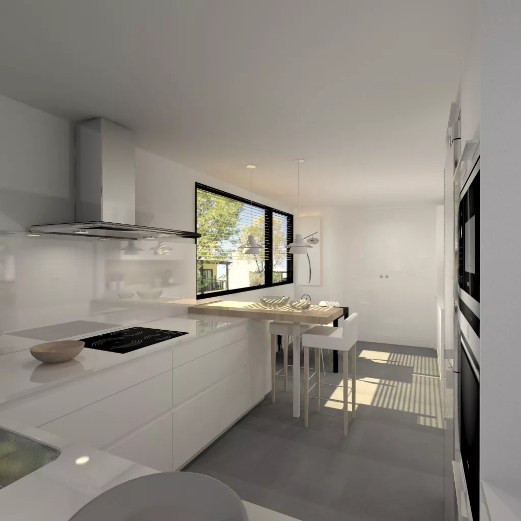 Aravaca | Cocina Santos | Modelo Line L Laminado Seda Blanco | Encimera Silestone Blanco