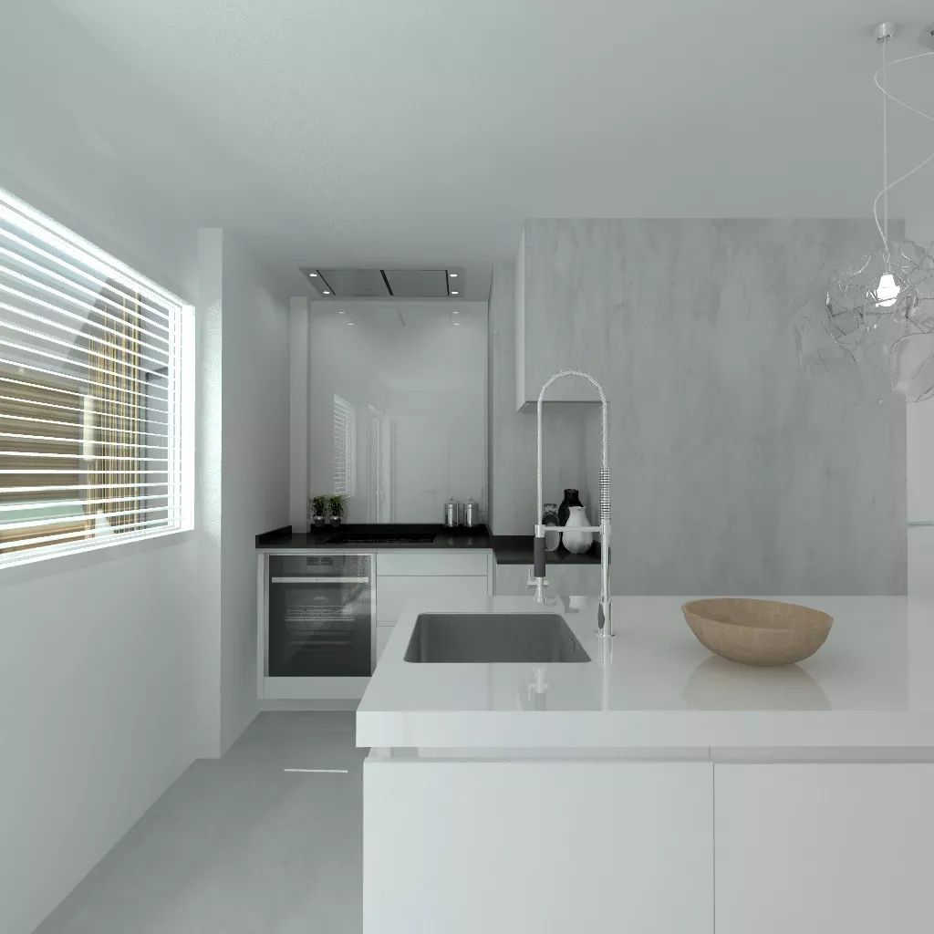 Madrid | Cocina Santos | Modelo Line E Estratificado Blanco | Encimera Granito Sahara Nights Neverwashed