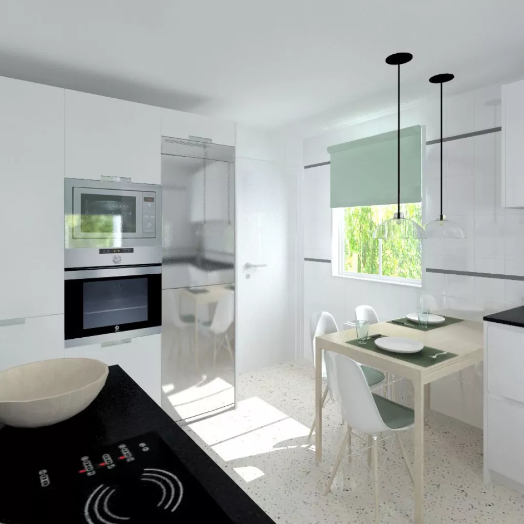 Madrid |Cocina Santos | Modelo Line L Blanco Seda Mate | Encimera Granito Negro