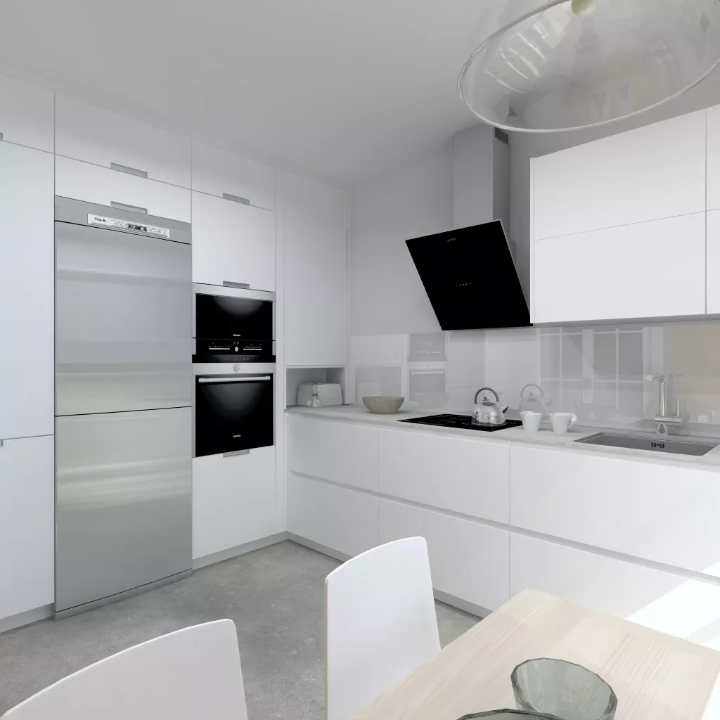 Aravaca | Cocina Santos | Modelo Minos Laminado Seda Blanco | Encimera Neolith Cement 