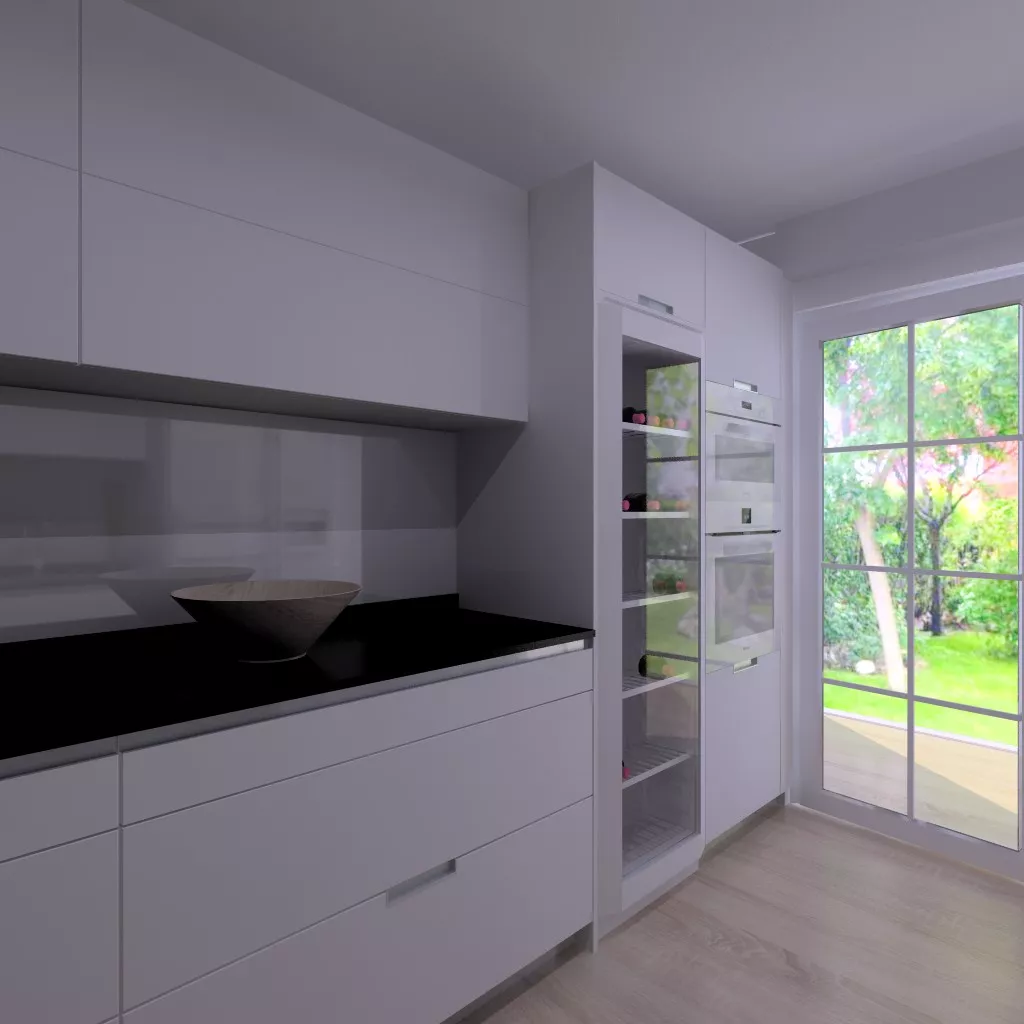 Aravaca | Cocina Santos | Modelo Minos Line Laminado Seda Blanco | Encimera Granito Zimbawe 