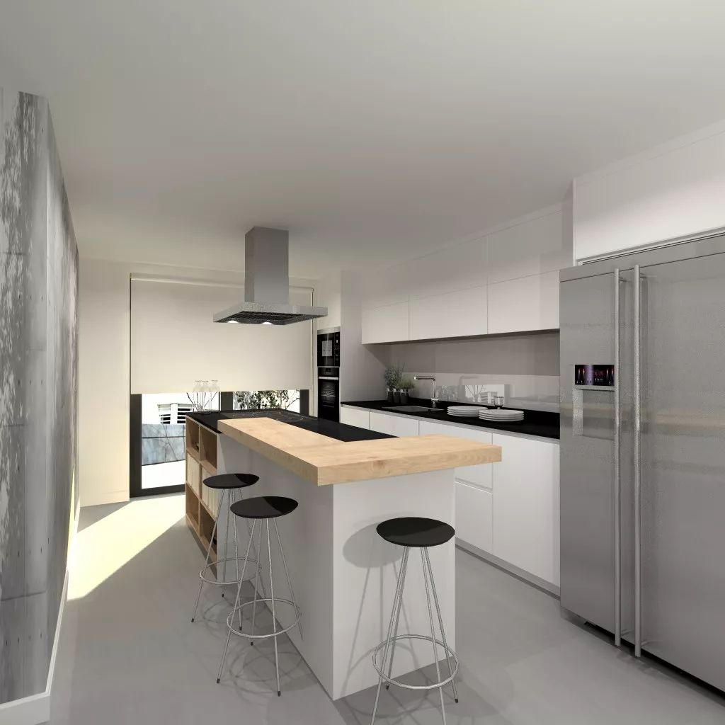 Aravaca | Cocina Santos | Modelo Line E 19 y Ariane 2 Estratificado Color Blanco Seff y Roble Barrica Vertical | Encimera Dekton Sirius