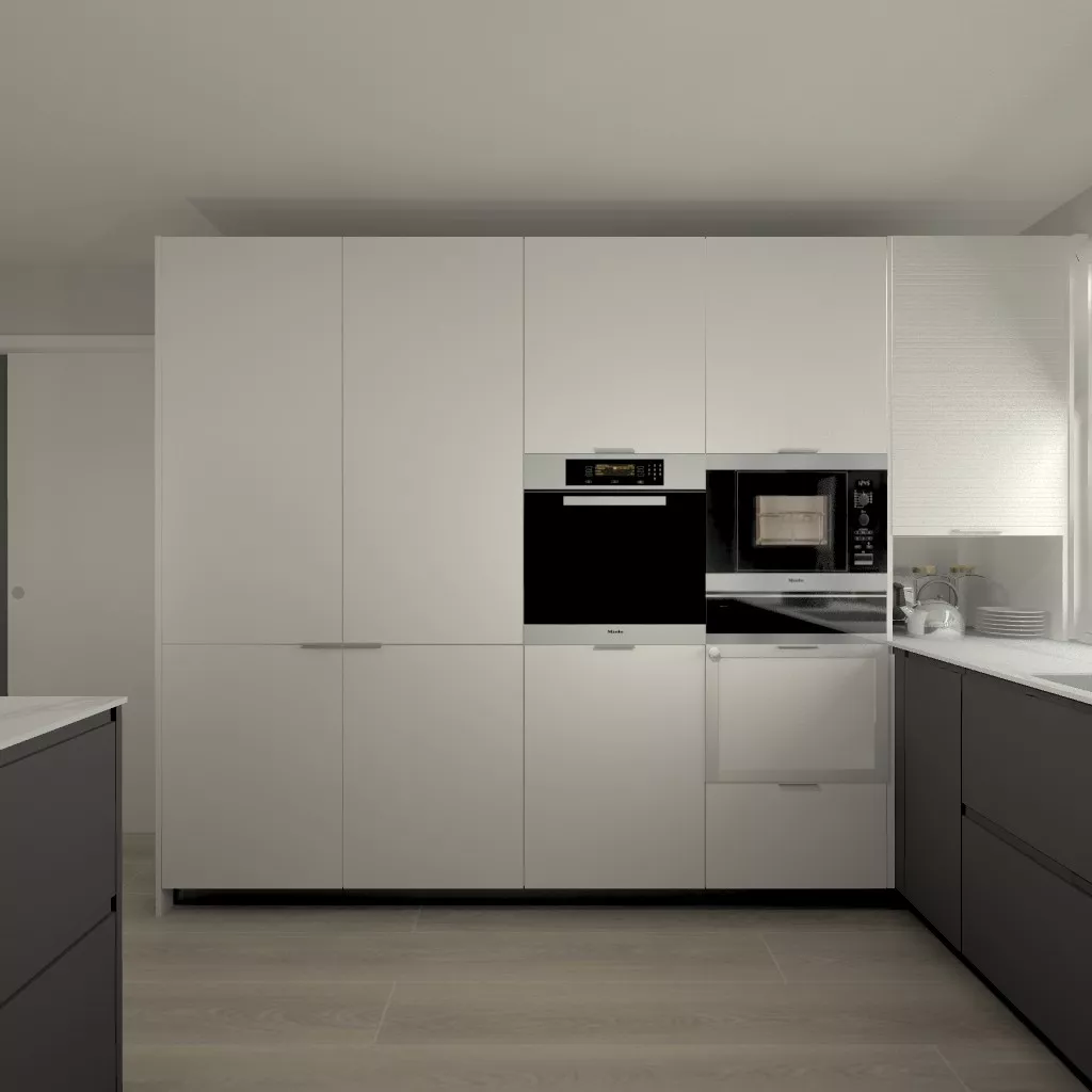 Aravaca | Cocina Santos | Modelo Intra Estratificado Gris Antracita | Encimera Porcelanico Estatuario