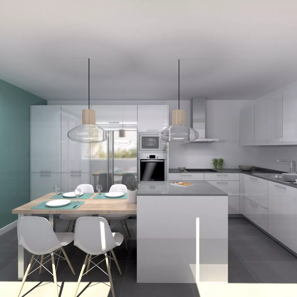 Aravaca | Cocina Santos | Modelo Plano Laminado Blanco Polar Brillo | Encimera Silestone Marengo