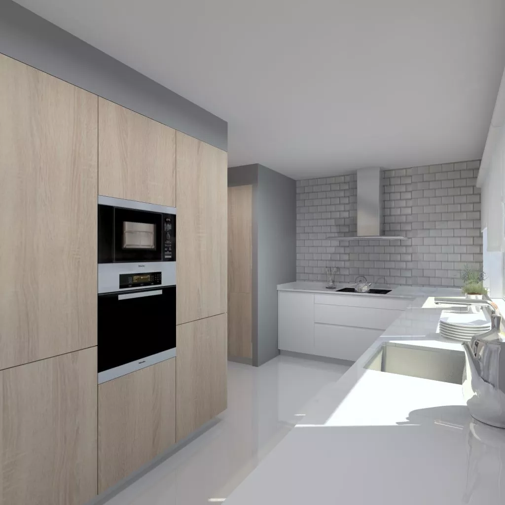 Cocina Santos | Modelo Line-E Y Ariane 2 Estratificado Blanco Seff Y Roble opt Barrica  |  Encimera Silestone Marengo