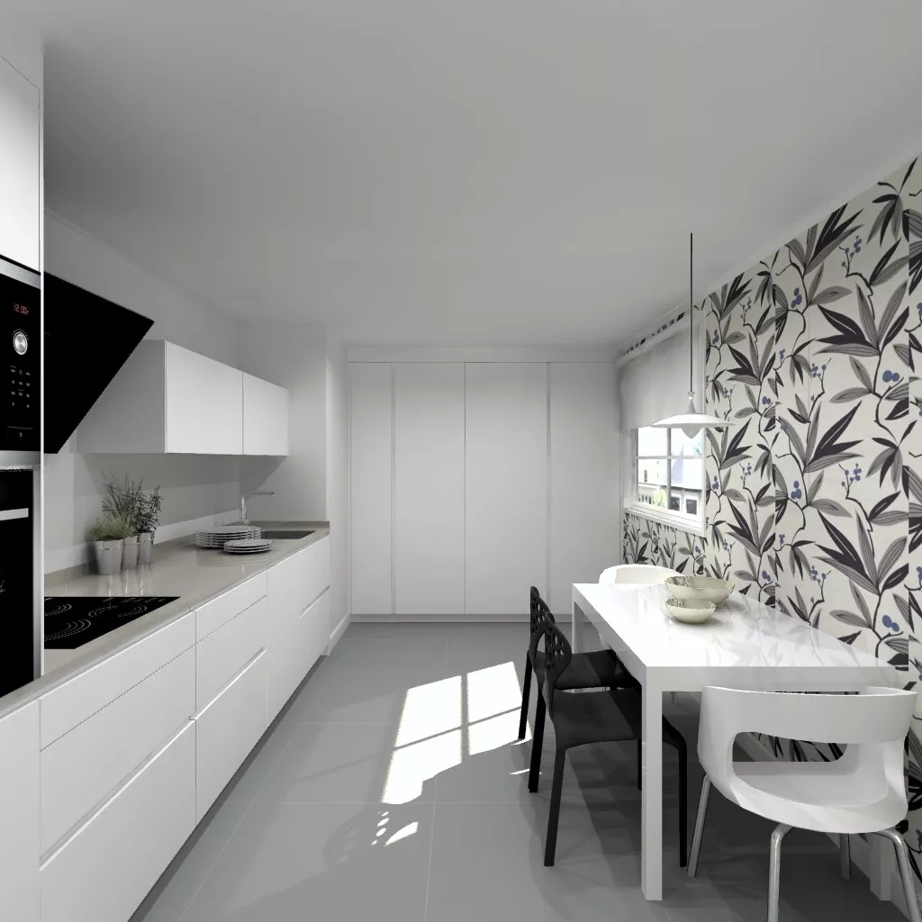 Cocina Santos Line E en Blanco Innsbruk con encimera Silestone Royal Reef y comedor iluminado