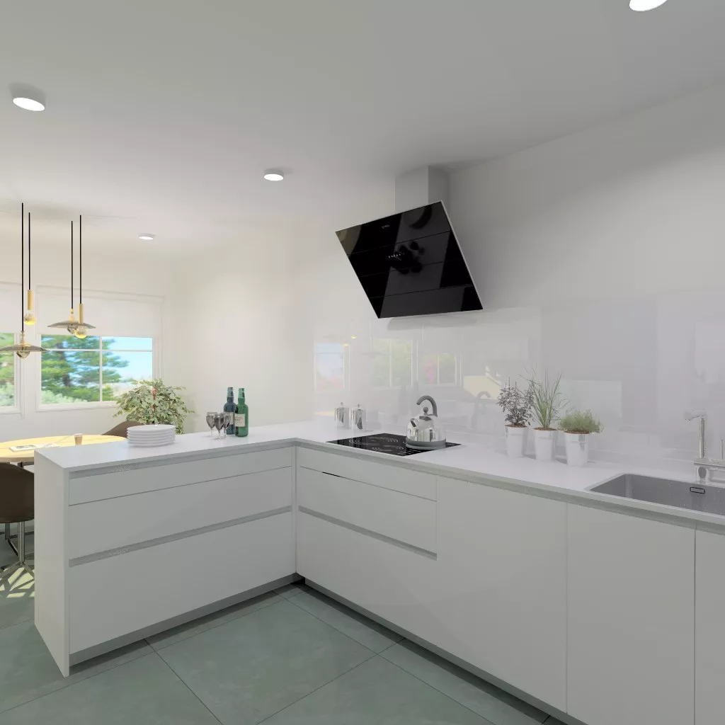 Cocina Santos | Modelo Line L 053 Minos Laminado Blanco Nieve | Encimera Silestone Blanco Zeus y Trasera Cristal Extra Claro