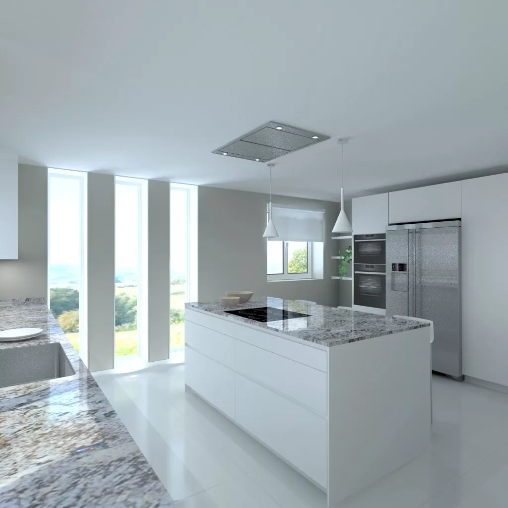 Cocina Santos | Modelo Line E13 Estratificado Blanco Innsbruck | Encimera Granito Naturamia Color Lennon Gold