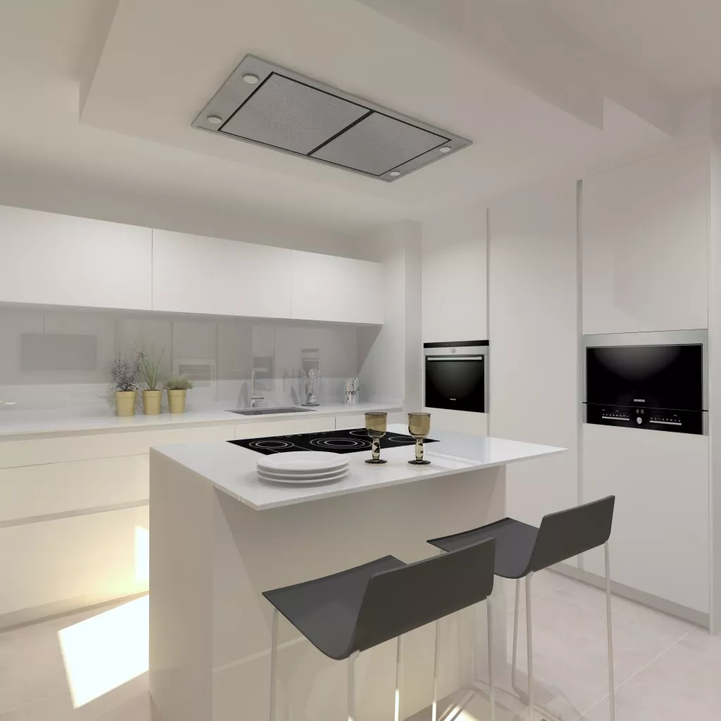 Cocina Santos | Modelo Line E 13 Estratificado y Laminado Blanco Innsbruck Olmo Claro y Gris | Encimera Neolith Color Artci White