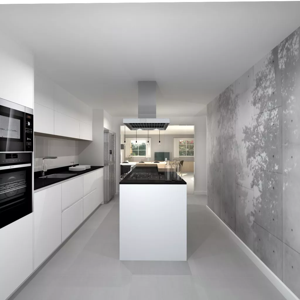 Aravaca | Cocina Santos | Modelo Line E 19 y Ariane 2 Estratificado Color Blanco Seff y Roble Barrica Vertical | Encimera Dekton Sirius