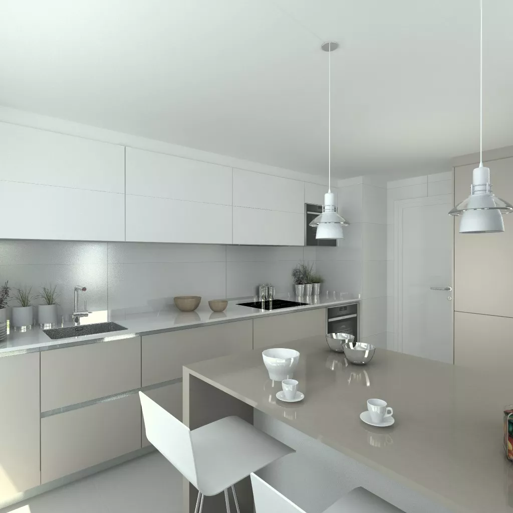 Cocina Santos | Modelo Line E Gris Arena y Blanco Seff | Encimera Silestone Blanco Zeus