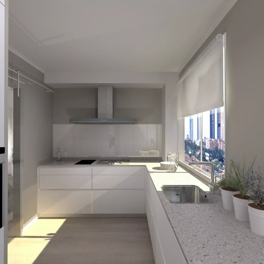 Cocina Santos | Modelo Line E13 Estratificado Blanco Innsbruck | Encimera Silestone Royal Reef