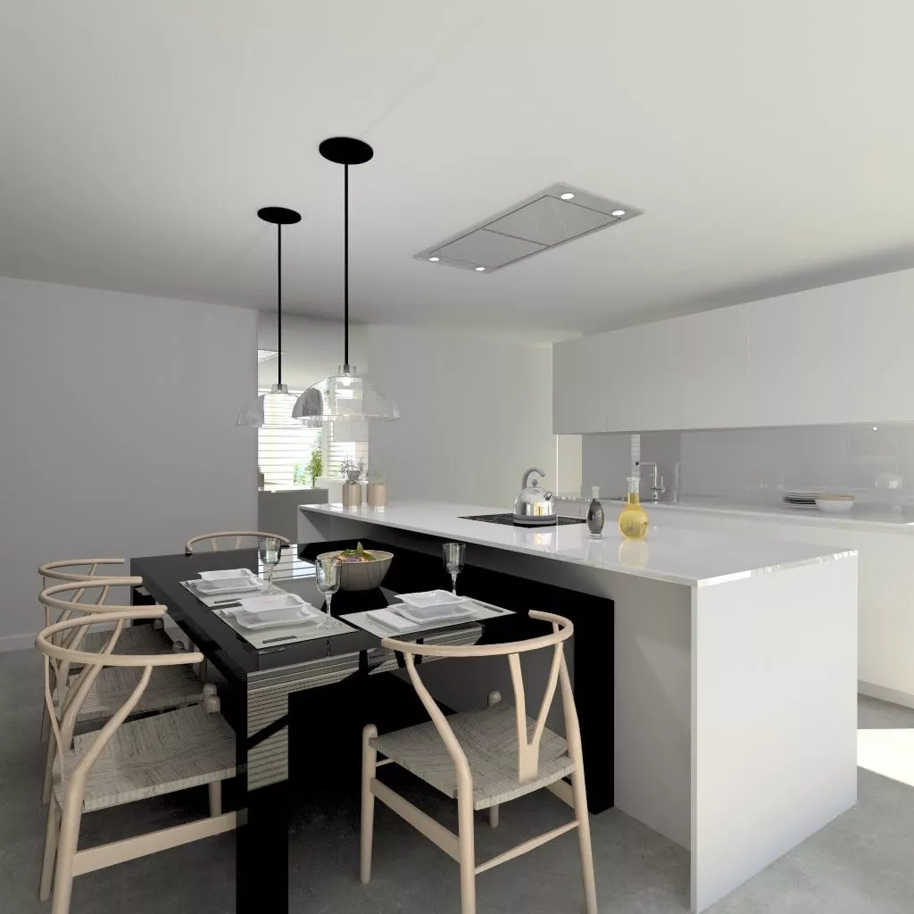 Cocina Santos I Modelo Line-E Blanco Seff y Modelo Minos-E color Negro Cromo Mate | Encimera Silestone Blanco Zeus