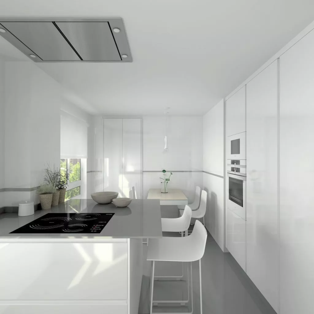 Cocina Santos Aravaca | Modelo Line E13 Estratificado Brillo Blanco Ártico | Encimera Silestone Cemento SPA