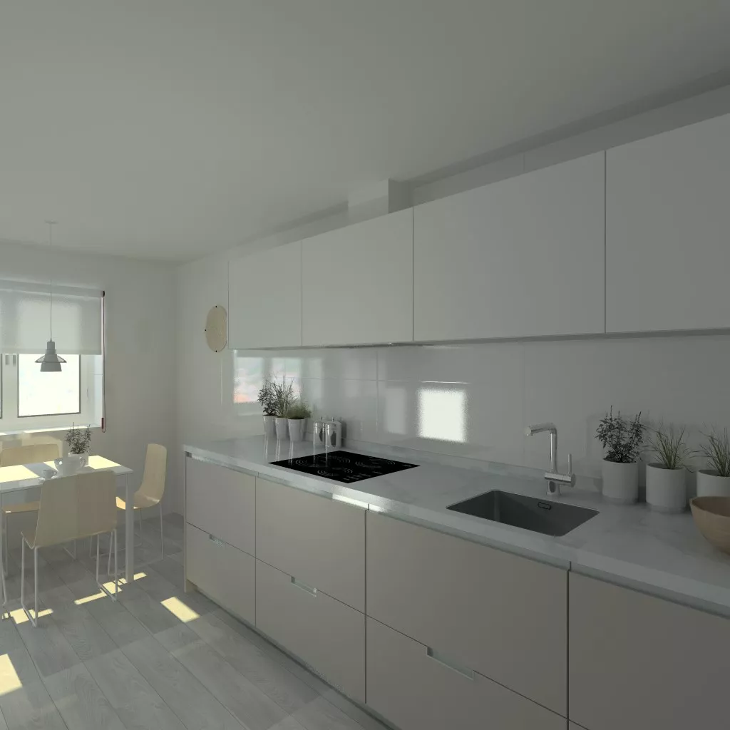 Cocina Santos | Modelo Minos Line-L Laminado Color Gris Arena y Gris C en Bajos y Muebles Altos Modelo Line-L Color Blanco Perla | Encimera Neolith Color Estatuario