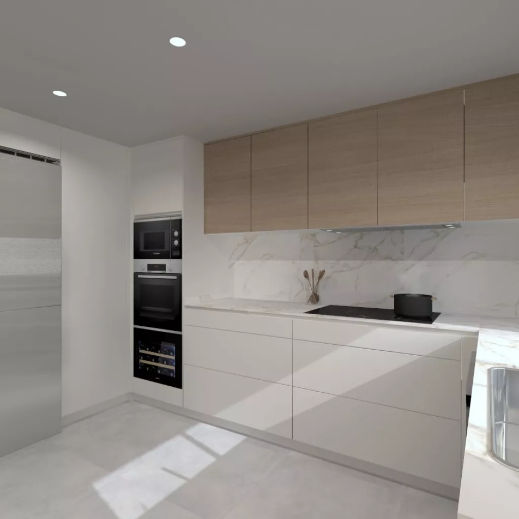 Muebles bajos blancos y muebles altos roble