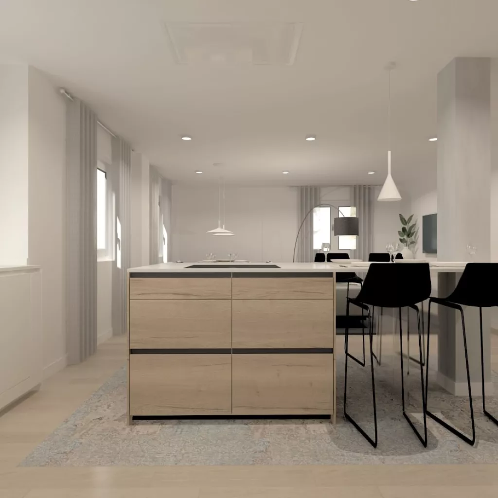 Península central con muebles bajos y barra cocina Santos