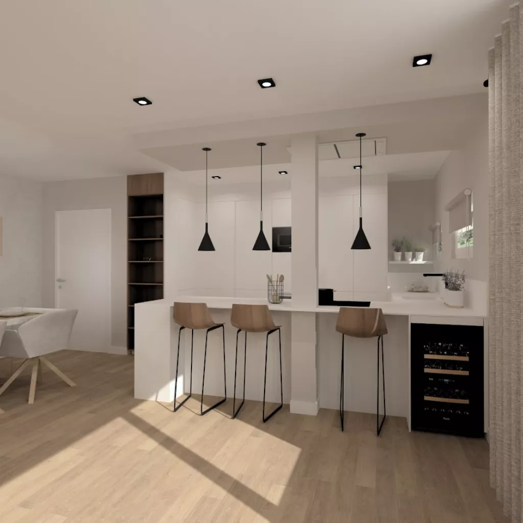 Península con barra en cocina blanca