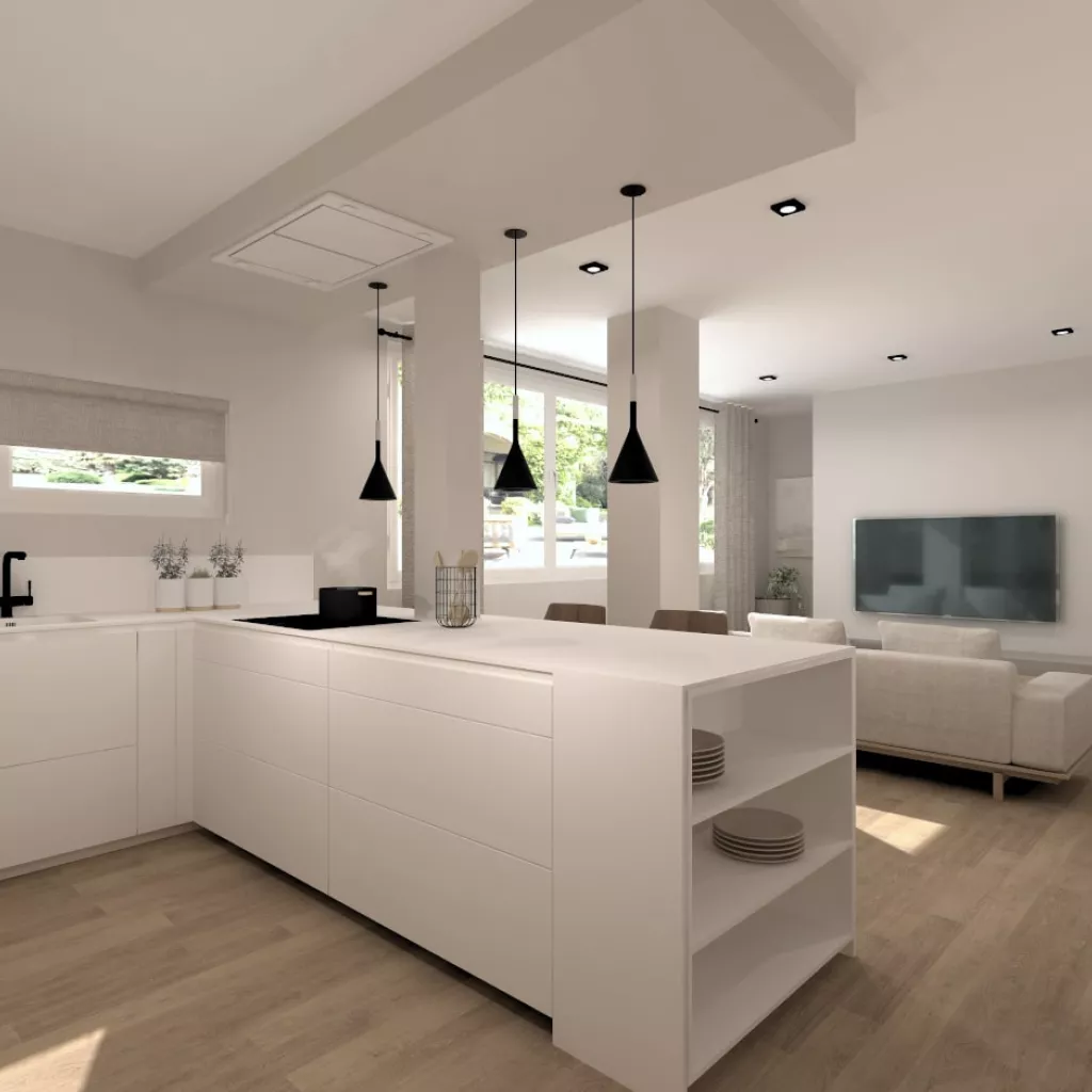 Península en cocina blanca