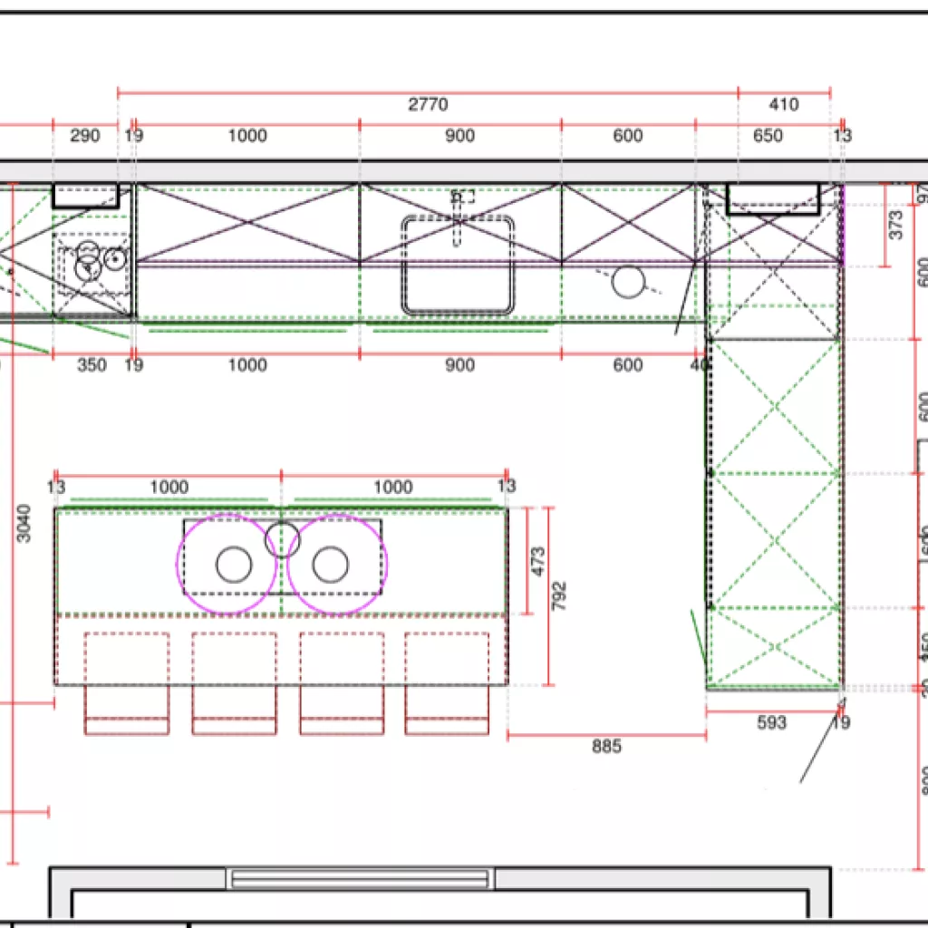 Plano Cocina Santos blanca y madera con isla