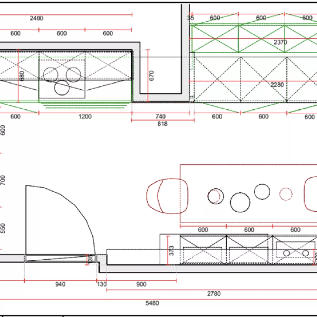 Plano Cocina Santos blanca y madera semiabierta al salón