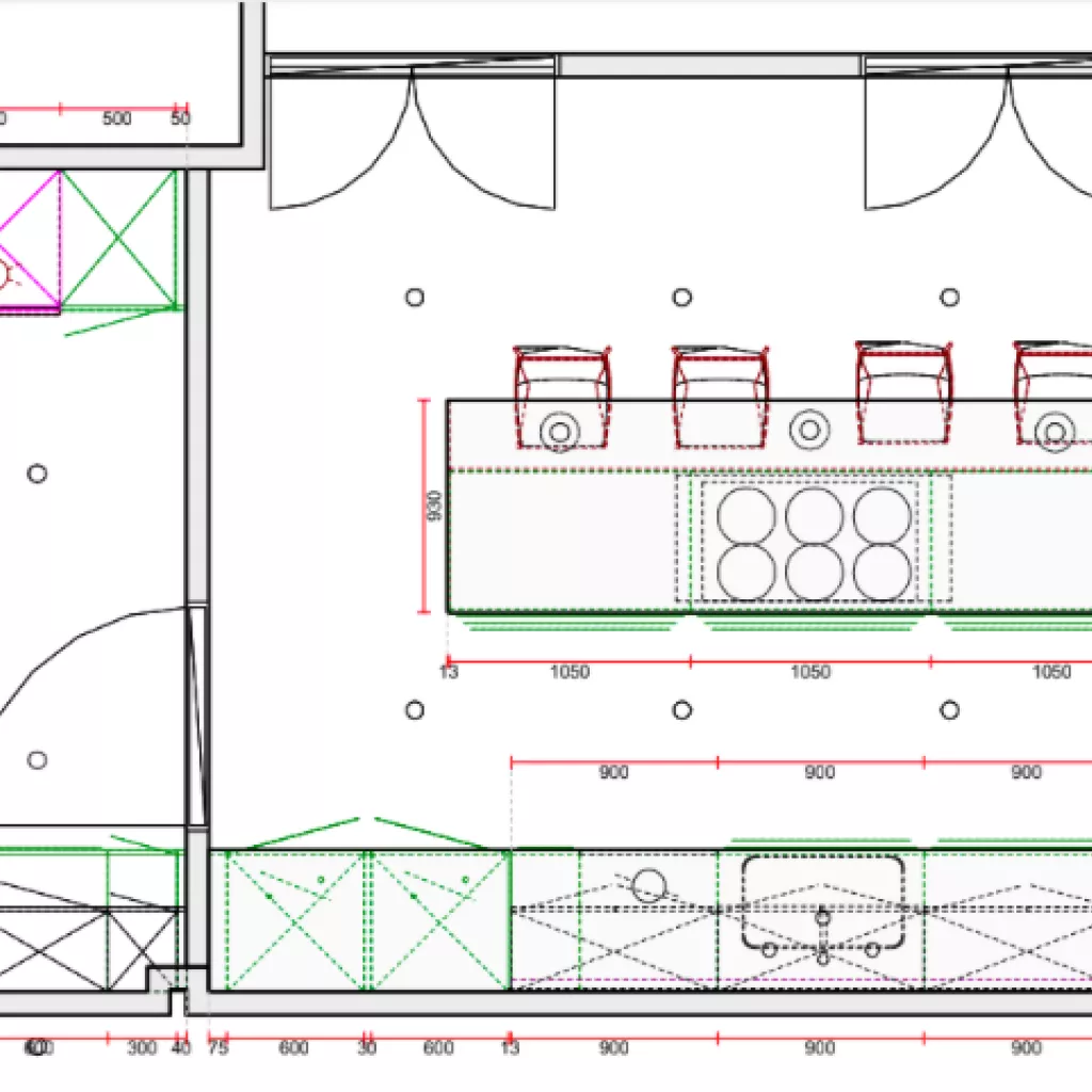 Plano Cocina Santos gris y madera con isla