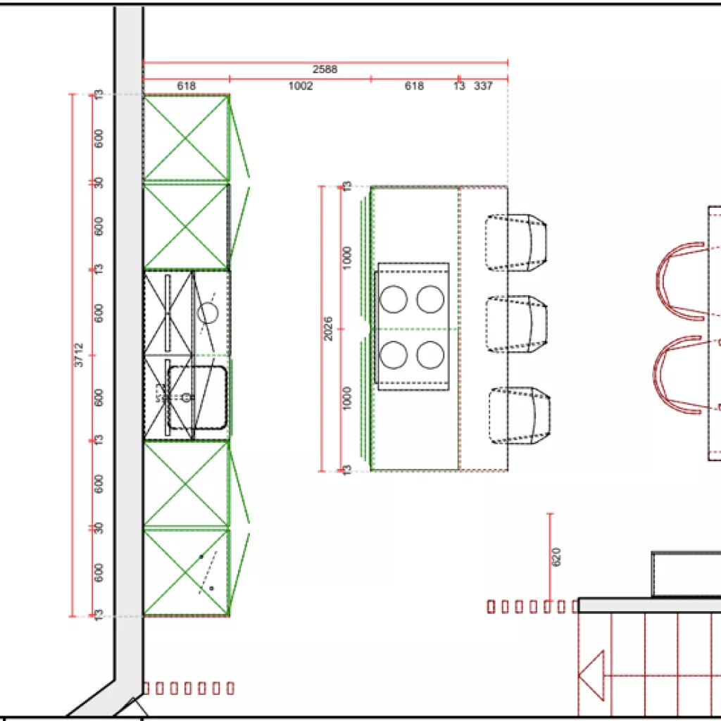 Plano cocina Santos negra con isla abierta al salón
