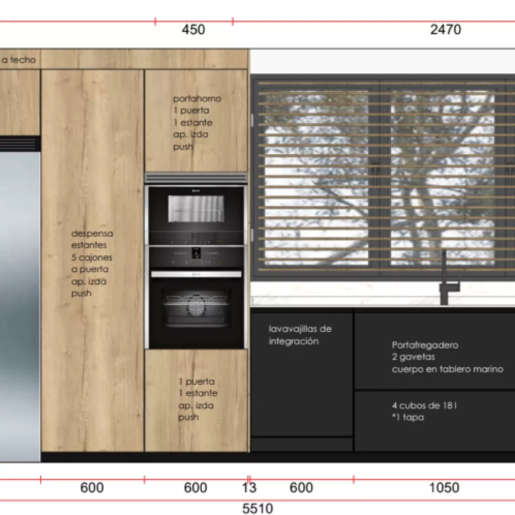 Plano Cocina Santos negra con isla abierta al salón