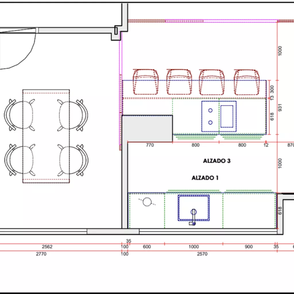 Plano cocina Santos nogal con dos espacios y península