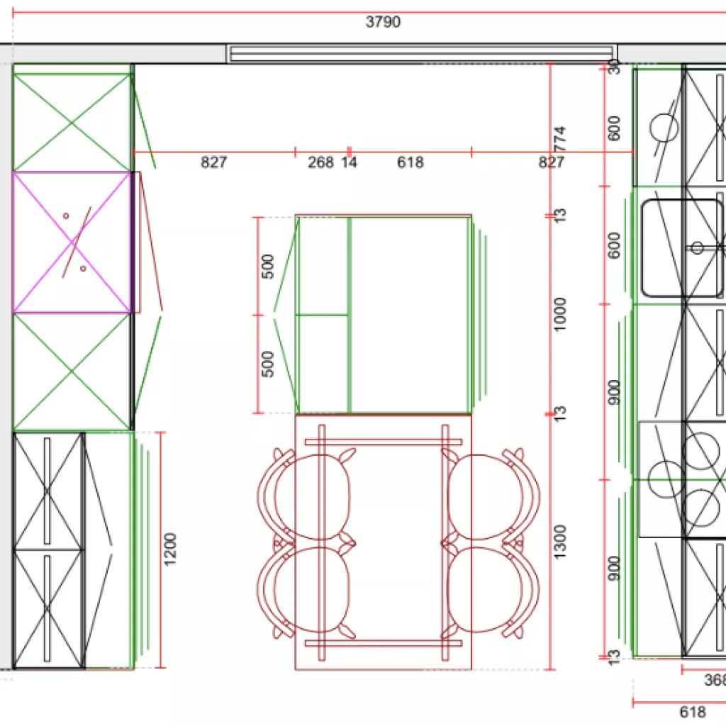 plano Cocina Santos gris y madera con isla