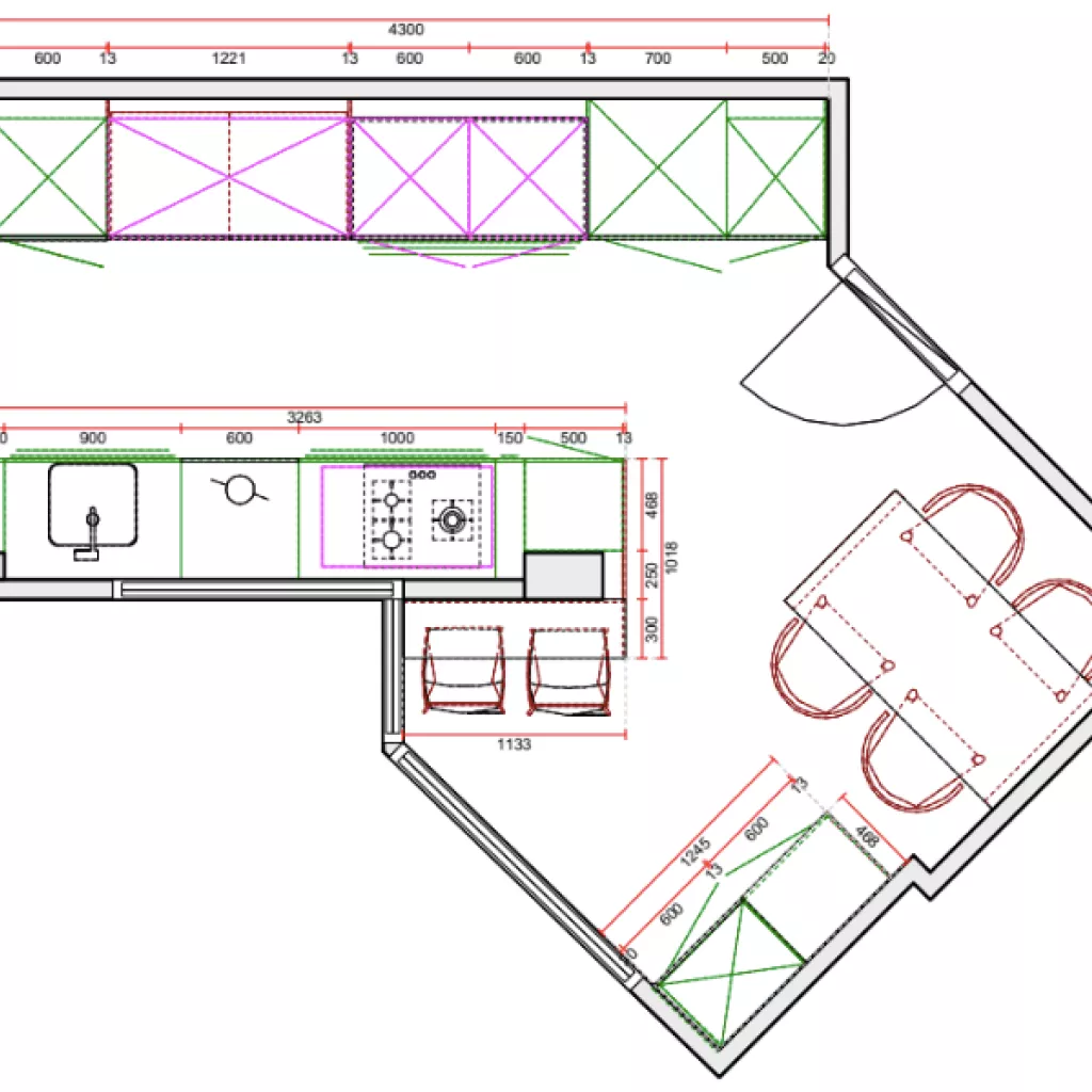 Plano Cocina Santos en paralelo con office