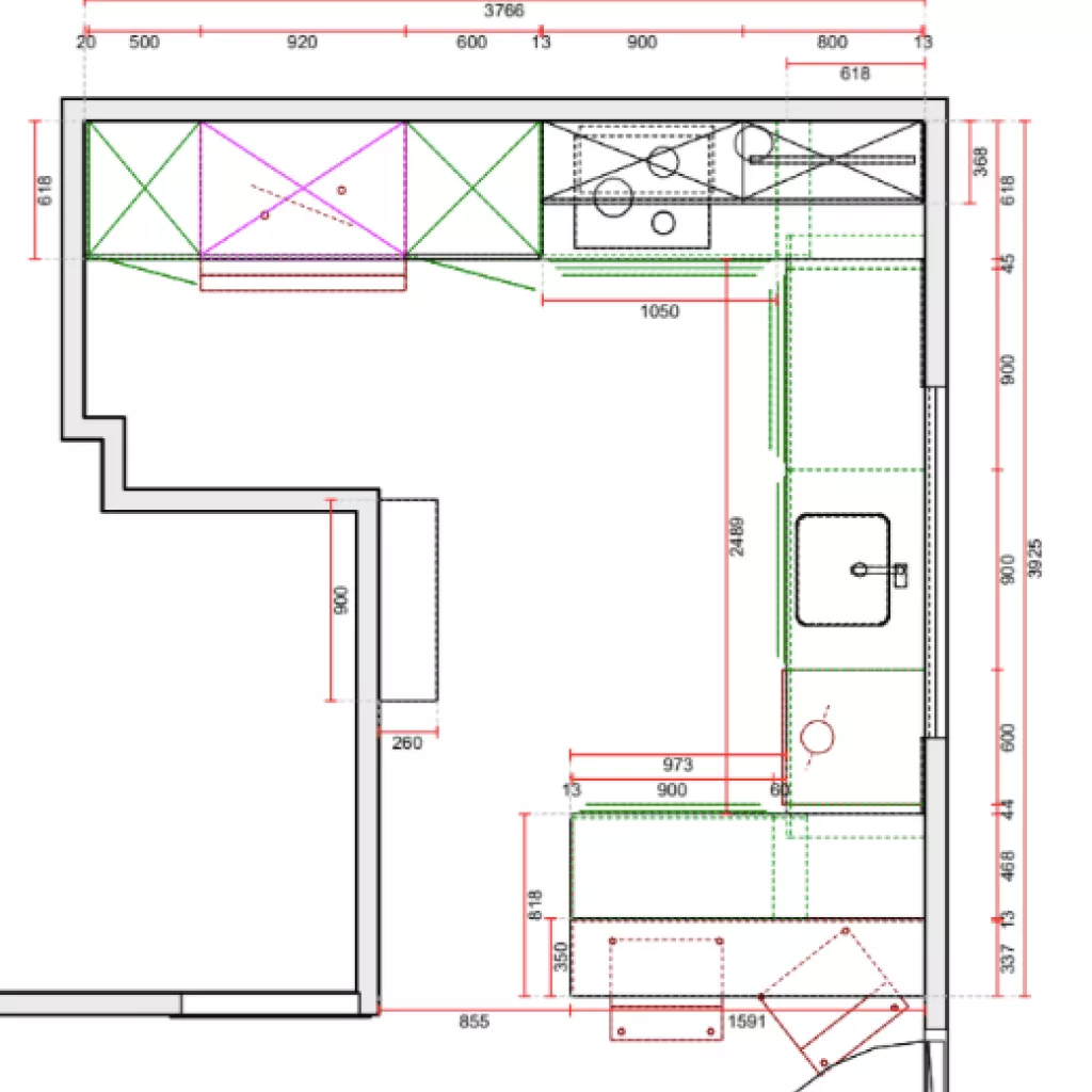 Plano Cocina Santos en U blanca y roble