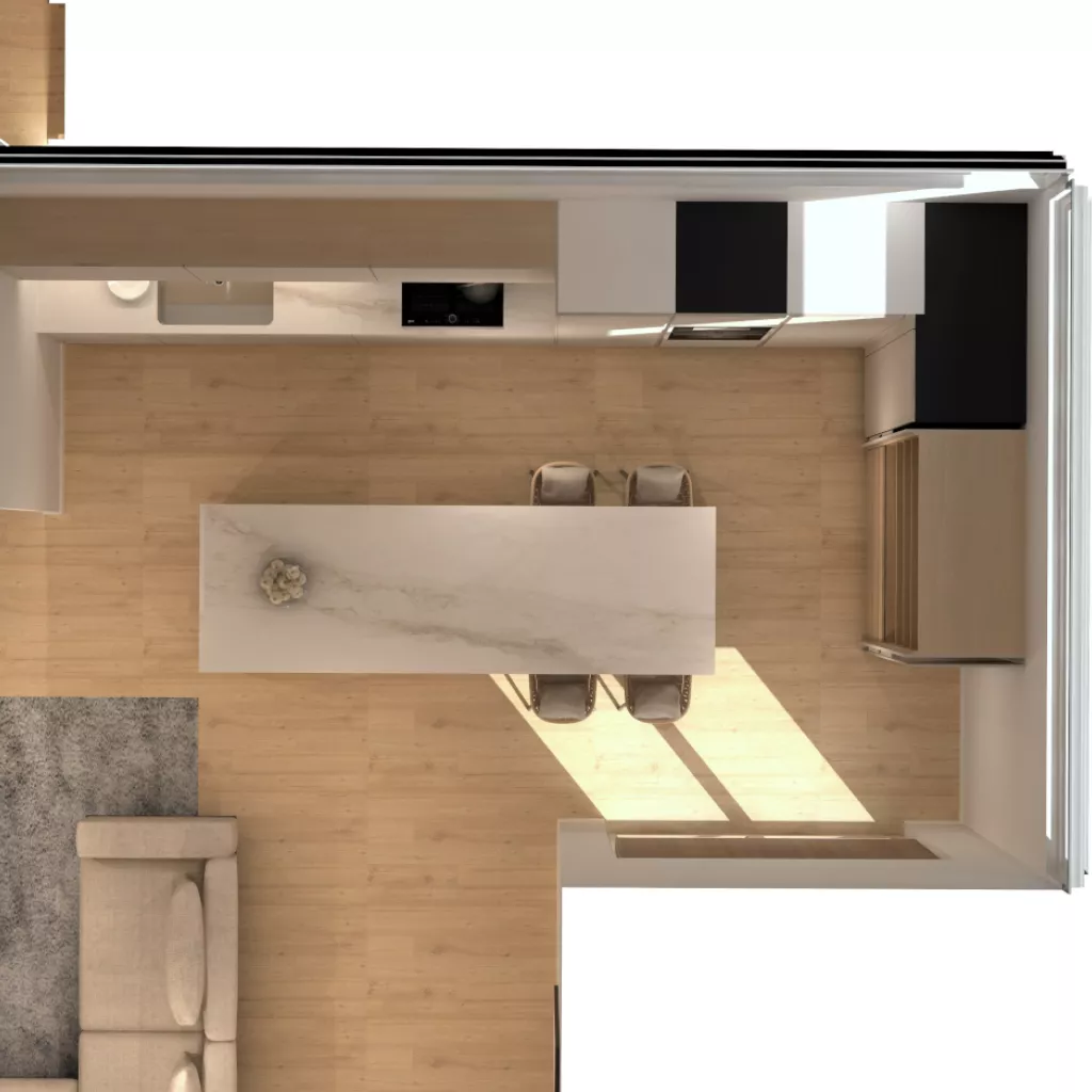 Planta cocina gris arena y roble