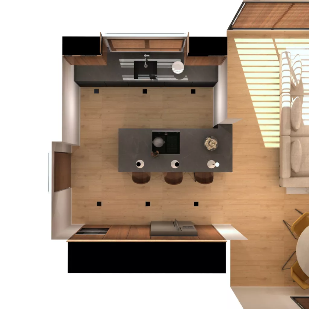 Planta cocina Santos negra y nogal