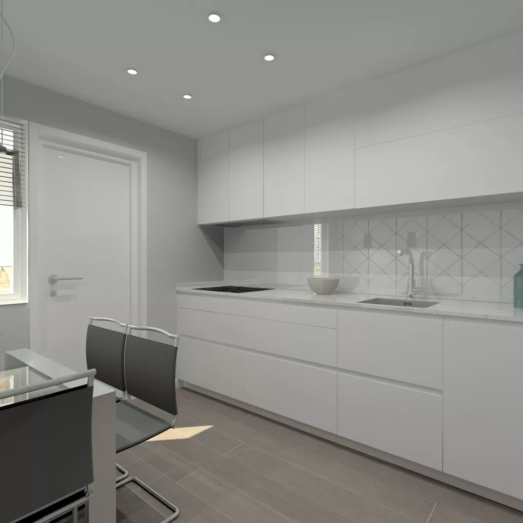 Madrid | Cocina Santos | Modelo Line L Laminado Seda Blanco | Encimera Silestone Blanco 