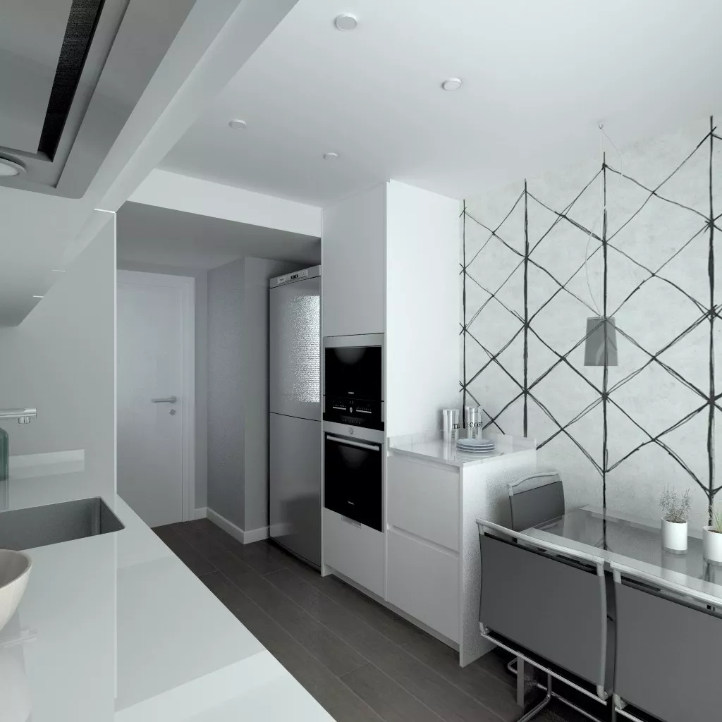 Madrid | Cocina Santos | Modelo Line L Laminado Seda Blanco | Encimera Silestone Blanco 