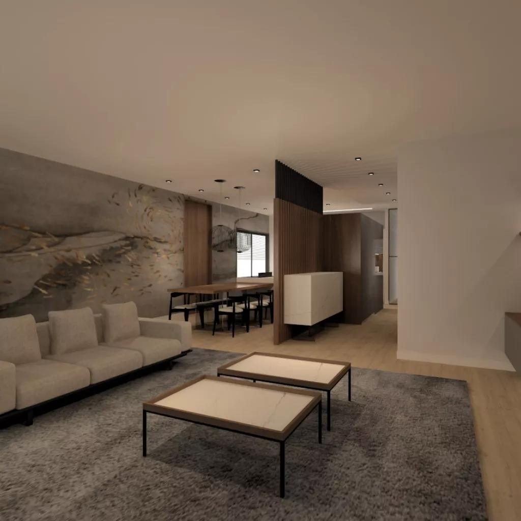 Cocina Santos gris, blanco y nogal abierta al salón 